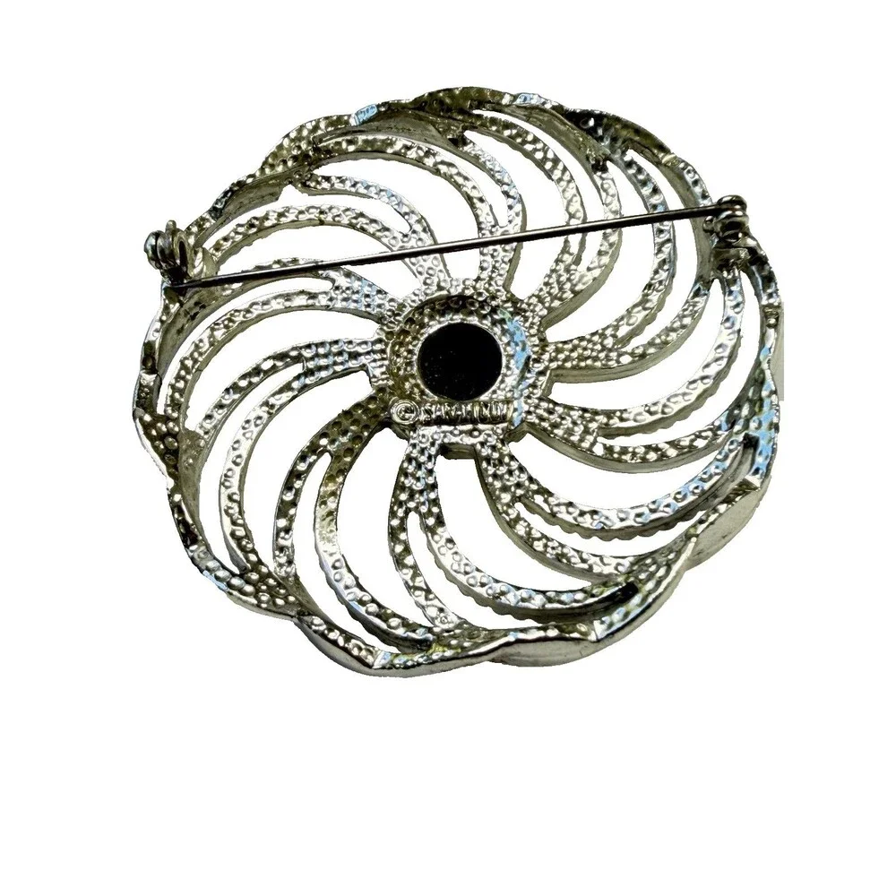 Vintage 1960 Sara Coventry Mystic Swirl Brooch Silver Tone Black Stone Pinwheel